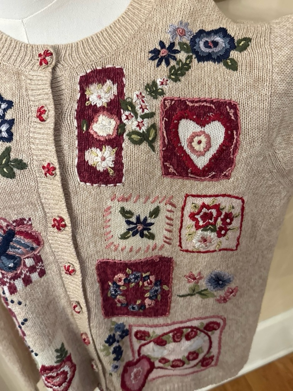 Embroidered Patchwork Crewneck Sweater - Beige with Red & Blue Floral Accents Lg